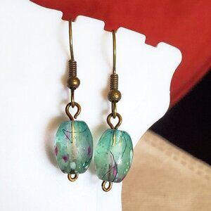 Bronze Hook Floral Glass Cylinder Bead Earrings
